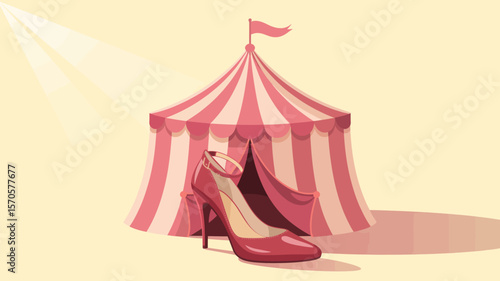 A red high heel shoe in front of a pink and white striped circus tent with a small flag on top