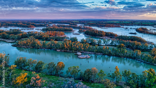 Sunset light on the wetlands and islands of Lake Mulwala
