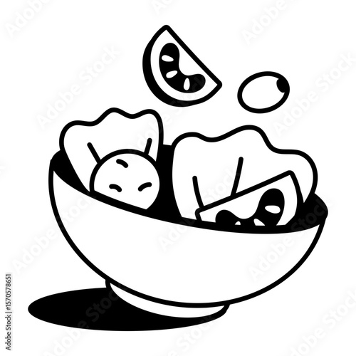 A hand drawn style icon showing vegetable salad  
