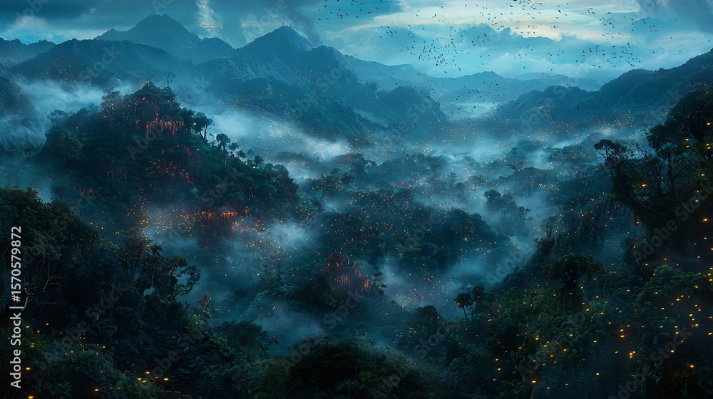 Obraz premium Mystical mountain landscape shrouded in mist, revealing ancient settlements