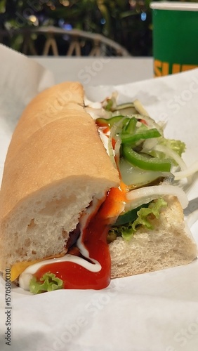 Sandwich, Sub, Submarine, Baguette, Fast Food, Quick Meal, Lunch, Snack, Delicious, Appetizing, Fresh, Healthy (karena sayuran), Food Photography, Close-up, Macro, Ready to Eat, Wrapped, Paper, Casual