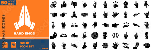 Hand Emoji Solid Editable Icons set. Vector illustration in modern thin solid style of hand emoji icons: Hands, handshakes, muscle, finger etc