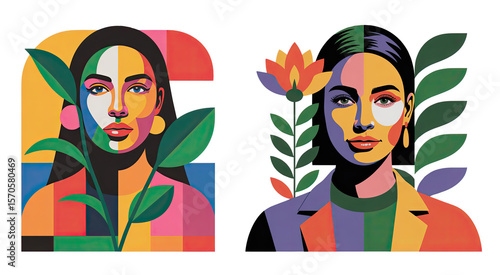 Colorful portraits of women with plants and flowers in modern style. set illustrations 