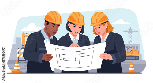 Diverse Team of Professional Engineers and Architects Reviewing Blueprints on Construction Site
