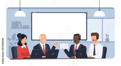 Diverse Customer Service Professionals Wearing Headsets Working on Laptops in Modern Office