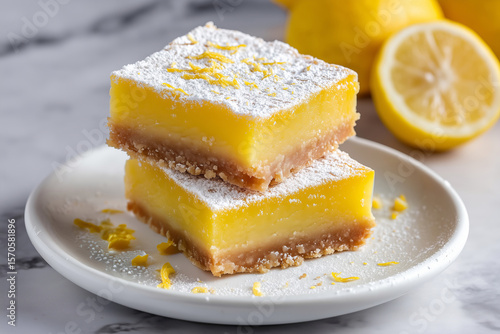 vegan lemon bar cake on a white plate
