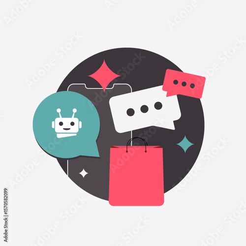 Virtual shopping assistant supports e-commerce buyers by offering AI shopping guidance and personalized help. Virtual shopping assistant improves customer experience in online stores illustration