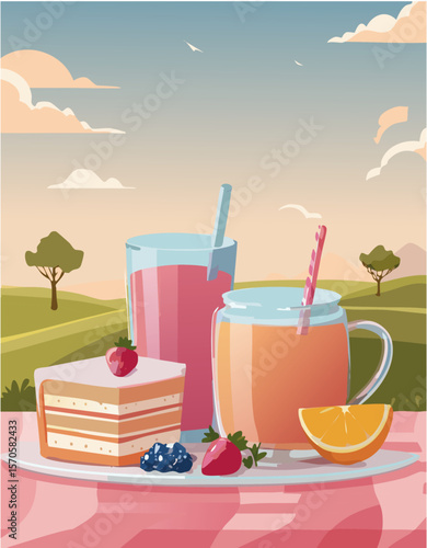 景色のよい場所でドリンク＆ケーキ