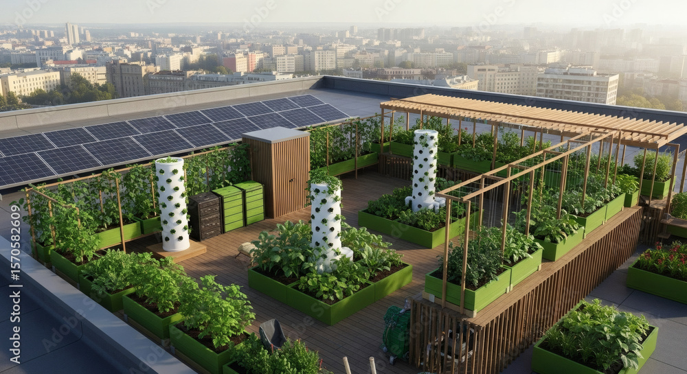 Fototapeta premium Rooftop Urban Garden with Vertical Planters and Solar Panels.