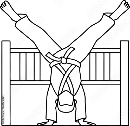 Martial artist performing handstand on wooden bars martial arts athlete