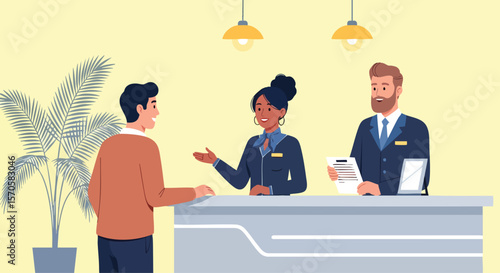 Friendly Receptionist Welcomes Guest at Hotel Front Desk with Attentive Concierge Staff
