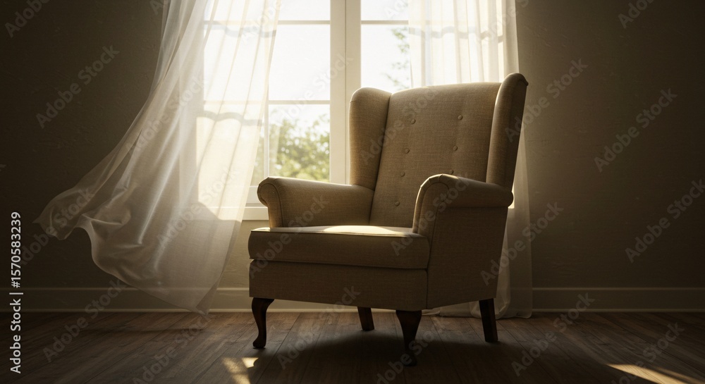 Fototapeta premium Empty chair by open window with blowing curtain