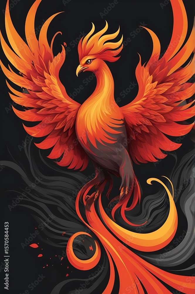 Fototapeta premium Abstract phoenix rising vector, fire orange and crimson waves, dark charcoal sky background