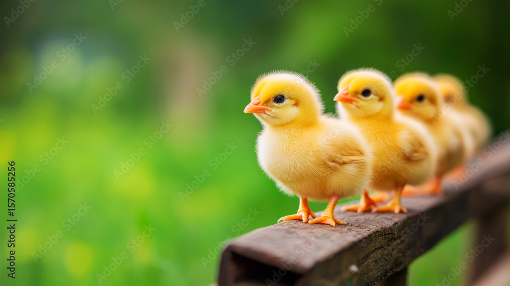 Adorable yellow chicks lined up on a wooden railing in a vibrant green environment Adorable yellow chicks lined up on a wooden railing in a vibrant green environment