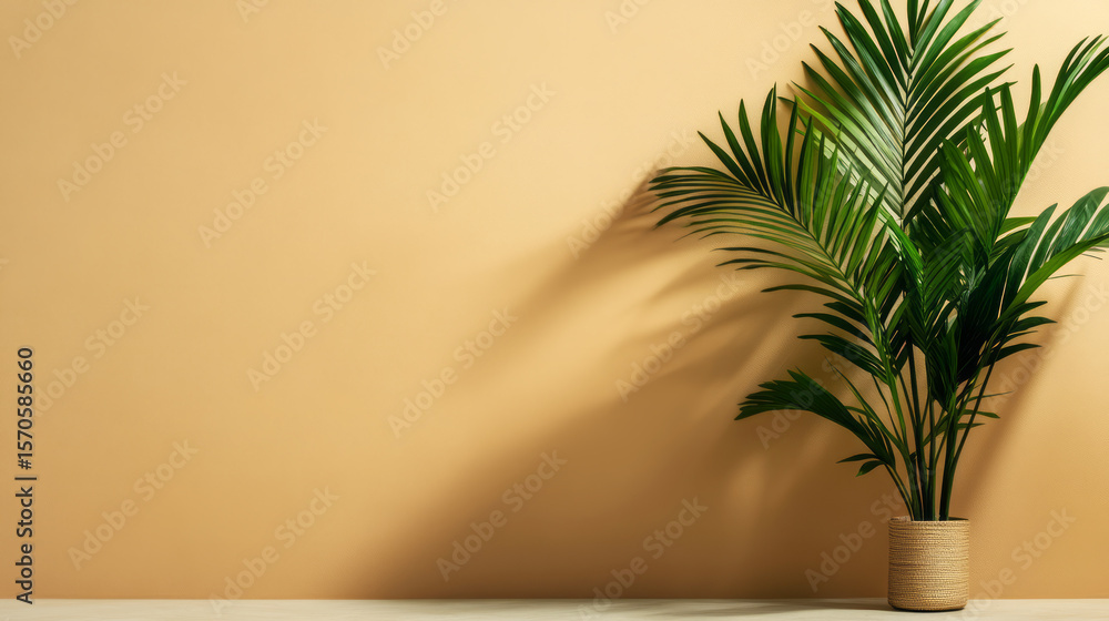 custom made wallpaper toronto digitalLush Green Tropical Plant in Simple Pot Against Warm Beige Wall with Soft Ambient Light
