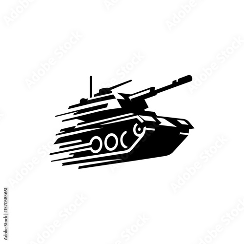 A stylized black and white illustration of a tank moving at high speed, depicted with motion lines.