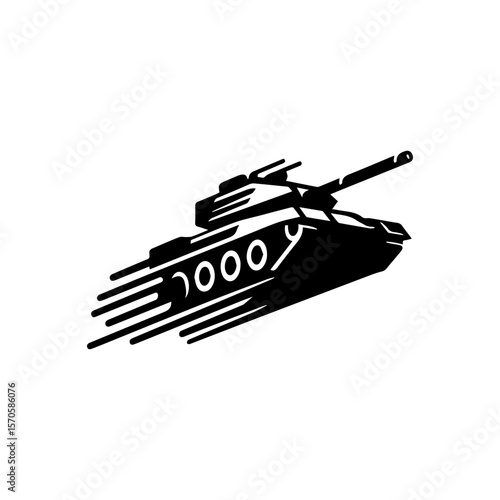 Stylized black and white illustration of a tank with motion lines indicating speed.