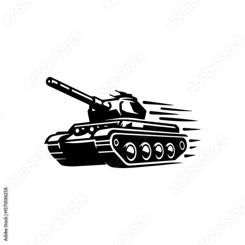 A stylized black and white illustration of a military tank moving fast.