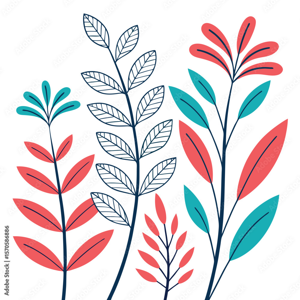 Fototapeta premium Stylized Red Blue Plant Leaves