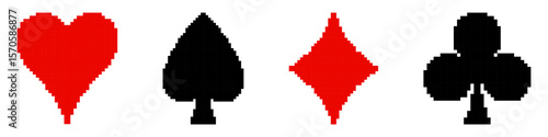 Set of Playing Card Suit templates in pixel art style. Red and black game symbols. Heart, spade, diamond, club, labels. Isolated on white background
