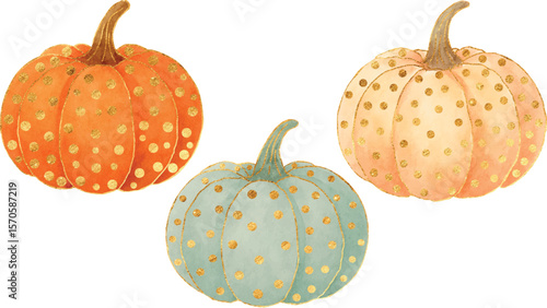 Vector freehand set watercolor pumpkin with gold elements. Golden watercolour hand drawn autumn clipart for Halloween, Thanksgiving, fall decor, cards, packaging, seasonal design projects.