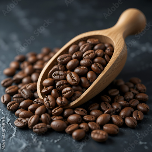 Wooden Scoop Filled with Coffee Beans on Slate Surface – Close-Up in 4K