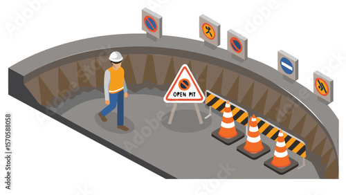 Isometric view of a construction worker near an open pit with warning signs and safety cones present