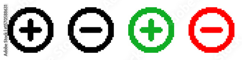 Set of Plus Minus Button templates in pixel art style. Add subtract controls. Interface elements, zoom icons, labels. Isolated on white background