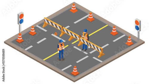 Isometric view of road construction with workers barriers cones and traffic lights on a gray surface