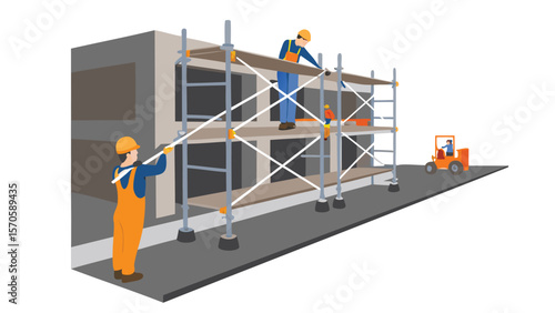 Construction workers on scaffolding at building site with forklift in background view from distance