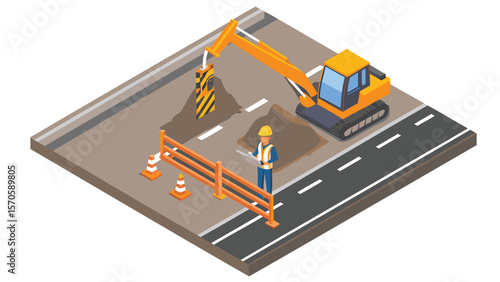 Isometric view of road construction site with excavator, worker, barriers, and traffic cones present