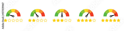 Set of speedometer icons with star rating. Speedometer, gauge meter icons with stars. Level of performance.
