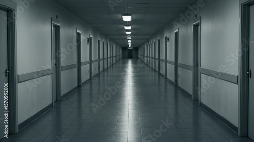 Wallpaper Mural Empty corridor with closed doors, dim lighting, eerie atmosphere Torontodigital.ca