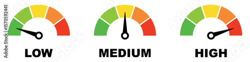 PrintRisk meter icon set. Scale Low, Medium or High risk on speedometer. Risk concept on speedometer.