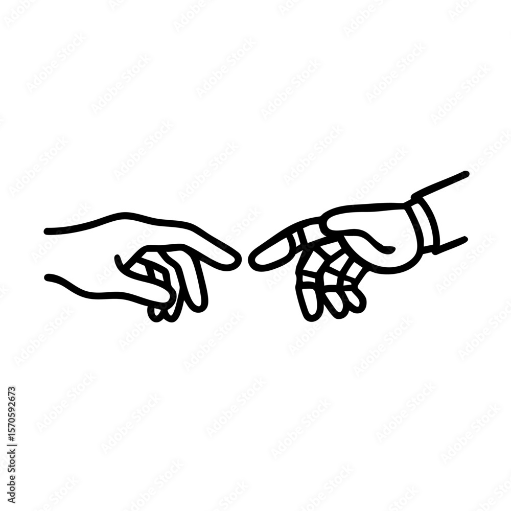 Obraz premium Black and white minimalist line art of a human hand reaching out to a robotic hand, inspired by the idea of connection between man and machine.