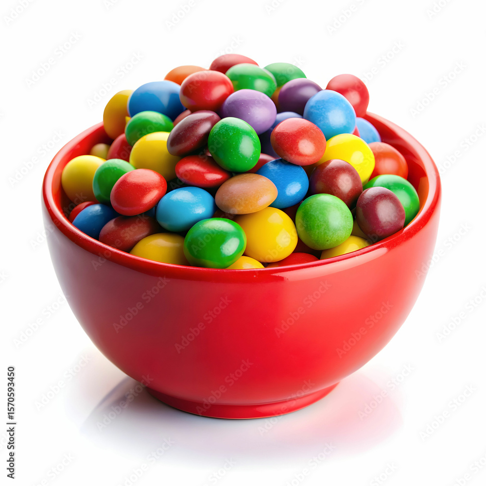 pile of colorful candies in red bowl on white background pile of colorful candies in red bowl on white background
