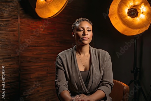 Business strategist in interview pose seated near warm brass light fixtures cinematic three-point lighting with strong key and