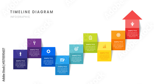 Business roadmap timeline infographic with 9 milestones elements, diagram, arrow, and icon, vector.