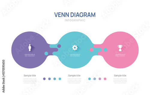 Venn diagram business infographic circle chart template 3 options, presentation with venn diagram elements vector illustration.