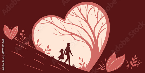 Valentine's Day card with a tree that has hearts instead of leaves, called a love tree in dark pink   red background vector illustration.
