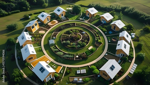 Tiny homes arranged in circular eco-village layout, drone top view
