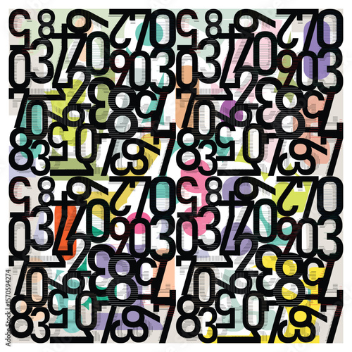 A repetitive Text print pattern with colorful abstract featuring a mix of numbers and letters in various shapes and sizes.
