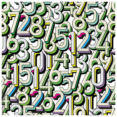 A multitude of bright, colorful numbers displayed in an engaging pattern in seamless print design, bold numbers with line stripes pattern