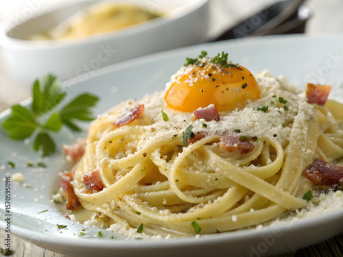 Italian pasta carbonara with yolk, parmesan and drops of olive oil