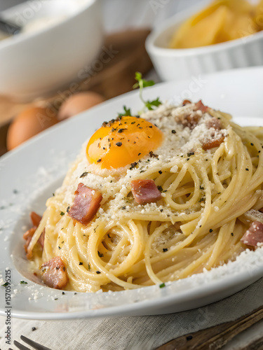 Italian pasta carbonara with yolk, parmesan and drops of olive oil