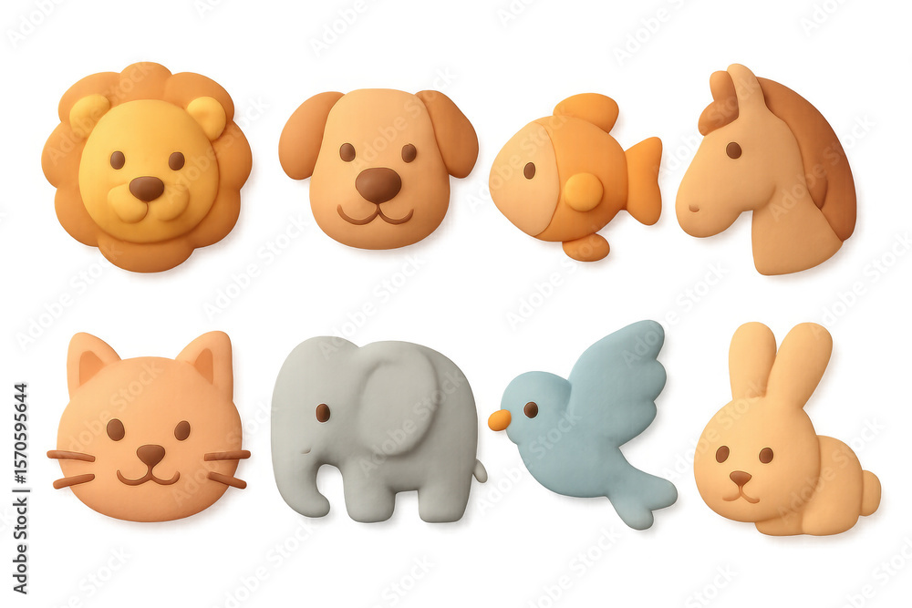 Cute animal icons illustration in simple 3d style with lion, dog, fish, horse, cat, elephant, bird, and rabbit Cute animal icons illustration in simple 3d style with lion, dog, fish, horse, cat, elephant, bird, and rabbit