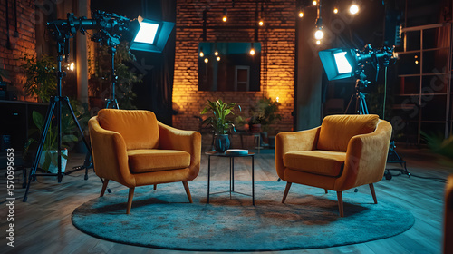 Studio. Empty studio without people. Studio for podcasts or interviews. Stylish studio. Two comfortable chairs with cameras