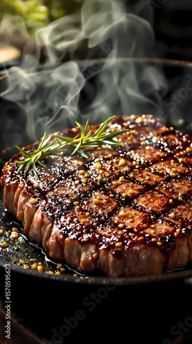 Grilled steak with rosemary and garlic in a cast iron pan, smoke and steam, juicy textures of meat