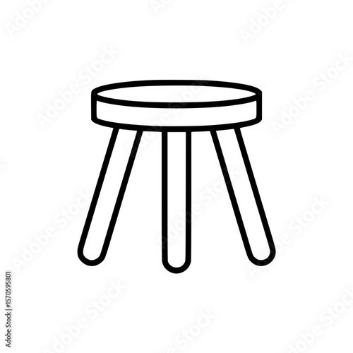 Black line art illustration of a classic three legged wooden stool with round seat