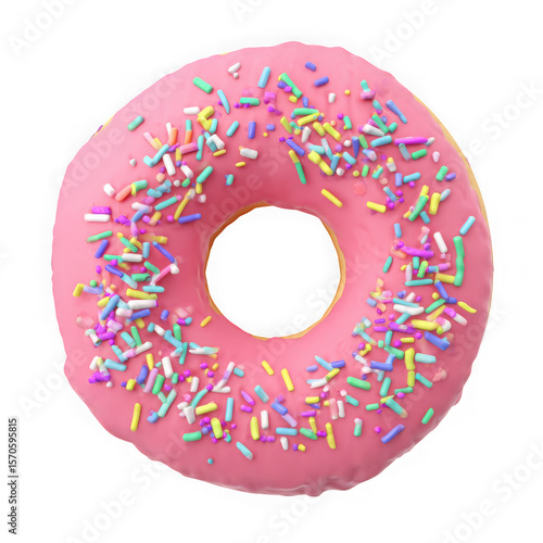 Pink frosted donut with colorful sprinkles isolated on transparent background